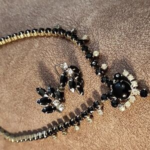 Vintage black onyx and clear rhinestone necklace and screw back earrings set.